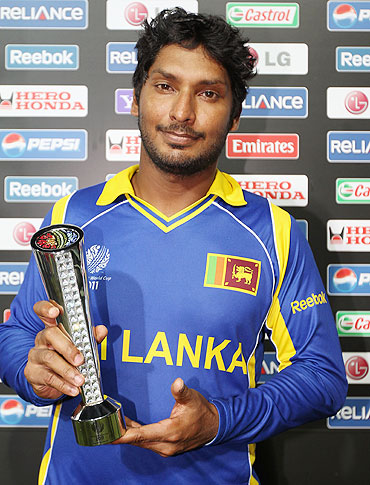 Man of the match Kumar Sangakkara of Sri Lanka poses with the trophy