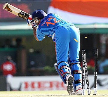 Yuvraj Singh of India is bowled for a first ball duck by Wahab Riaz
