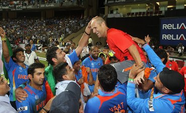 Kirsten is chaired by India players after the World Cup final in Mumbai