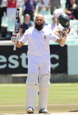 Amla celebrates after getting to hundred