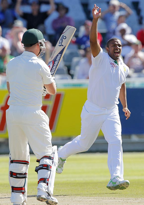 South Africa's Vernon Philander celebrates after taking the wicket of Australia's Brad Haddin