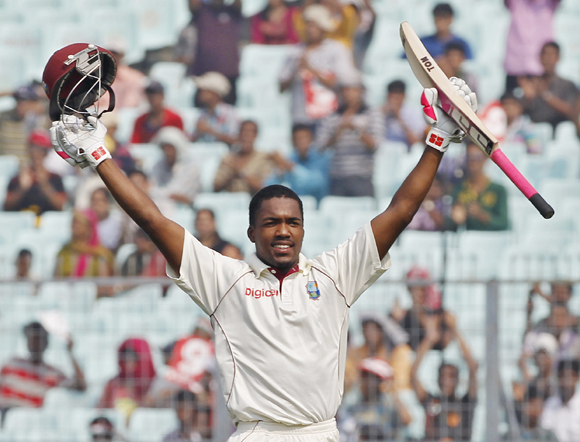 West Indies' Darren Bravo celebrates his century