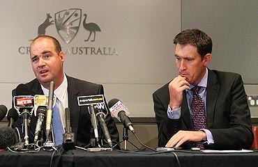Mickey Arthur with CA chief James Sunderland speak after being declared the new Australian cricket team coach on Tuesday