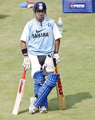 India's Gautam Gambhir waits to bat in the nets during a practice session
