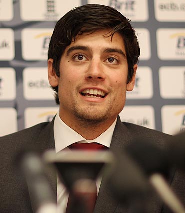 England captain Alastair Cook at a media briefing in London prior to the team's departure to India