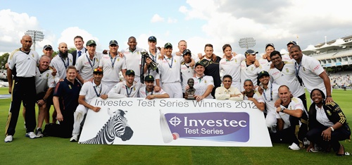 South Africa celebrate with the series trophy after winning