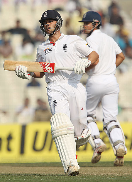 Jonathan Trott and Alastair Cook run between the wickets on Friday