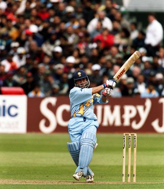 Sachin Tendulkar hits out during the 1999 World Cup match against Kenya in Bristol