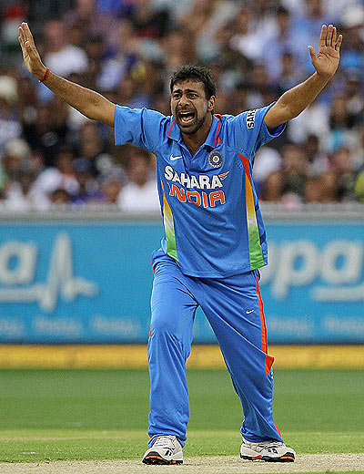 Praveen Kumar appeals for a wicket during the 1st ODI on Sunday