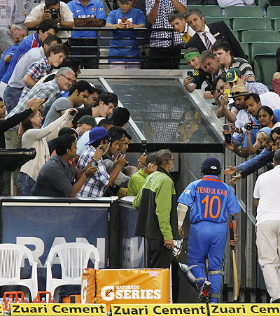 Sachin Tendulkar of India walks down the tunnel after losing his wicket during the 1st ODI on Sunday