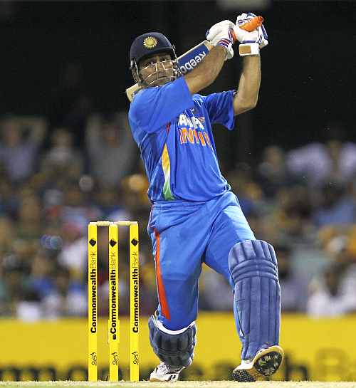 MS Dhoni hits a six during his knock against Australia