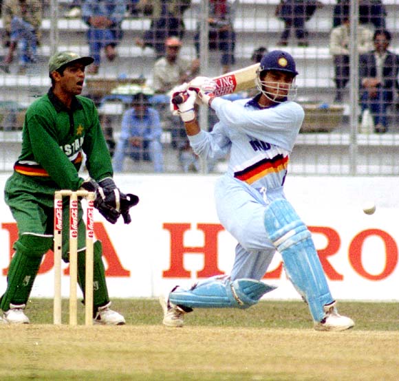 Sourav Ganguly hits a boundary against Pakistan during the final of the Independence Cup in Dhaka, on January 18, 1998