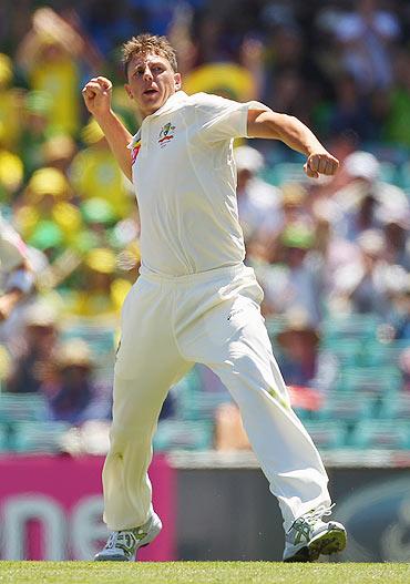 James Pattinson of Australia celebrates taking the wicket of Virender Sehwag of India during day one of the Second Test Match