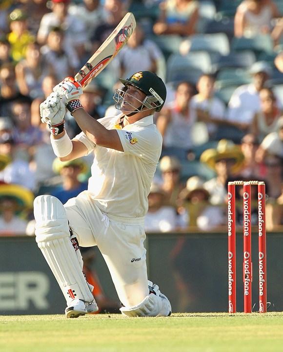 David Warner bats during Day 1 of the third Test against India at the WACA