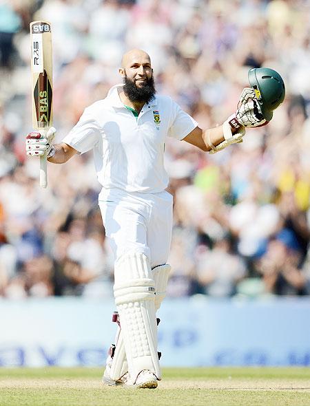 Hashim Amla of South Africa celebrates reaching his triple century