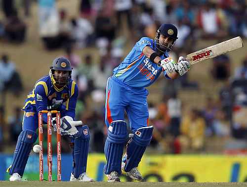 India's Gautam Gambhir plays a shot during the second ODI against Sri Lanka in Hambantota