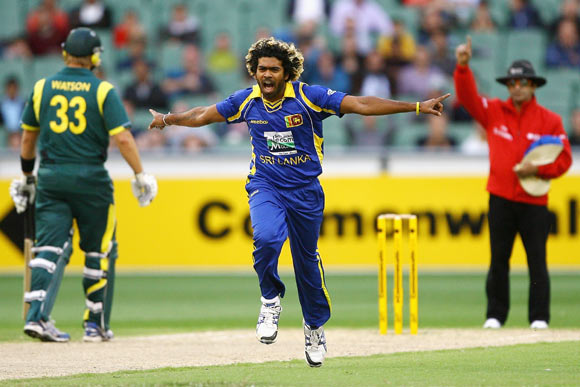 Lasith Malinga of Sri Lanka celebrates taking the wicket of Peter Forrest of Australia during the One Day International match between Australia and Sri Lanka