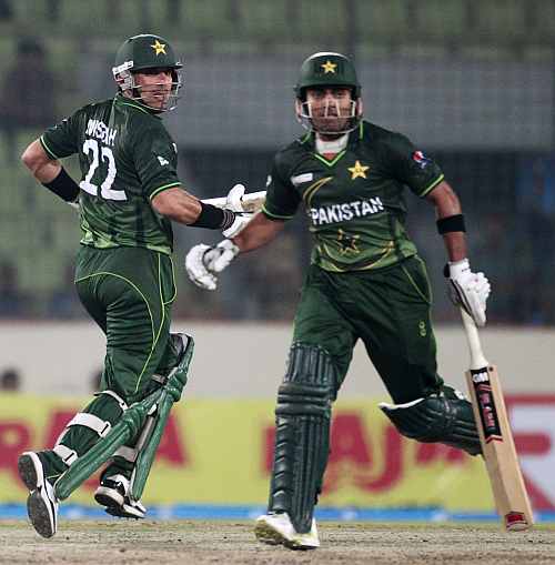 Misbah-ul-Haq and Umar Akmal in action during their match against Sri Lanka