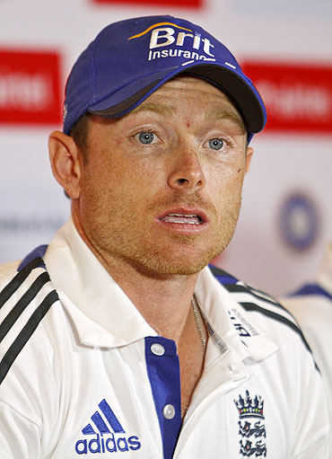 England's Ian Bell speaks during a news conference