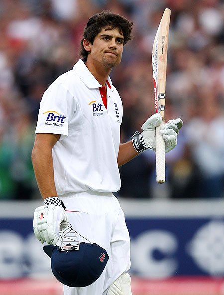 Alastair Cook walks off after being dismissed for 294 on day three of the 3rd Test against India at Edgbaston on August 12, 2011