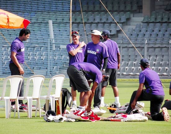 Yuvraj Singh (left) with coach Duncan Fletcher during Thursday's practice session at the Wankhede stadium in Mumbai