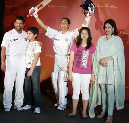 Indian cricketer Sachin Tendulkar (left), his son Arjun, daughter Sara and wife Anjali