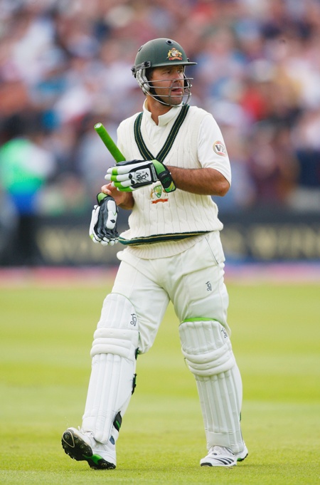Australia captain Ricky Ponting walks off after being bowled by Graeme Swann