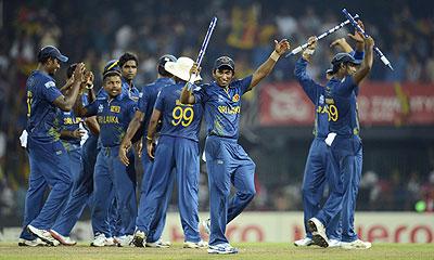 Sri Lanka players celebrates after defeating Pakistan on Thursday