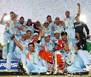 The Indian team celebrates after winning the inaugural WT20 championship in 2007