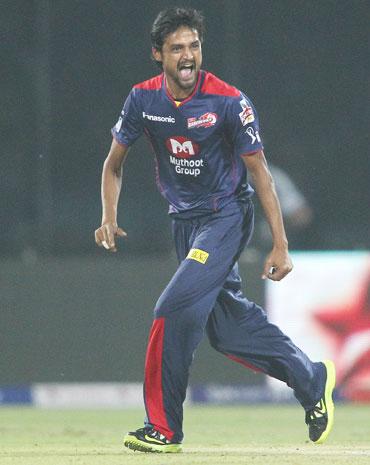 Shahbaz Nadeem of Delhi Daredevils celebrates after getting Parthiv Patel of Sunrisers Hyderabad