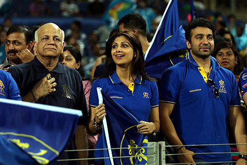 Shilpa Shetty and Raj Kundra, owner of Rajasthan Royals, watch their team in action against Pune Warriors on Thursday