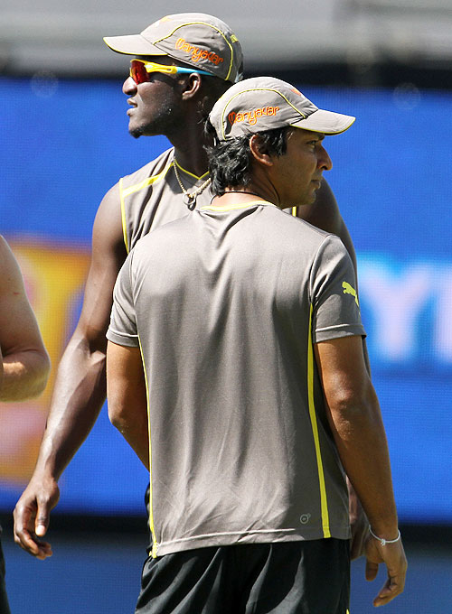 Kumar Sangakkara and Darren Sammy at a practice session