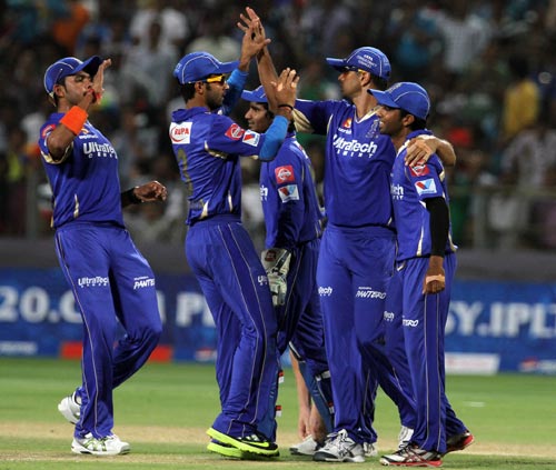 Rajasthan Royals players celebrate after picking up a wicket