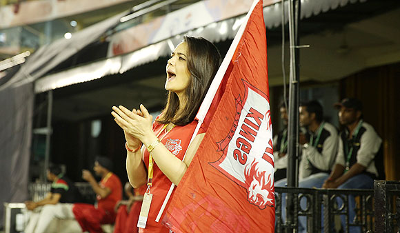 Kings XI Punjab co-owner Preity Zinta celebrates after the team's win on Sunday