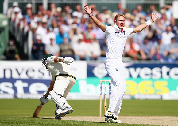 Stuart Broad appeals for the wicket of Ryan Harris in Chester-le-Street, on Sunday