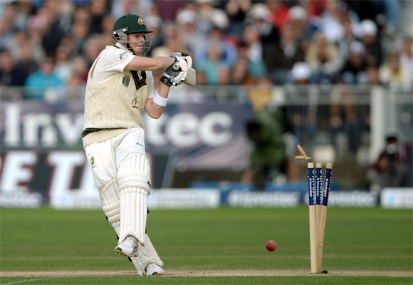 Steve Smith is bowled by Stuart Broad of England