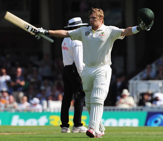 Shane Watson celebrates his century during day one of the 5th Ashes Test