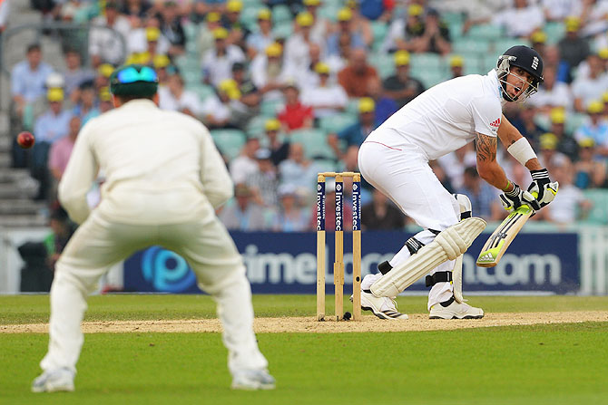 Kevin Pietersen plays the shot leading to his dismissal by Mitchell Starc on Friday