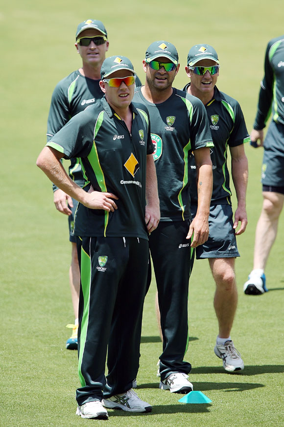 James Faulkner with teammates during an Australian nets session at Adelaide Oval in Adelaide, on Monday