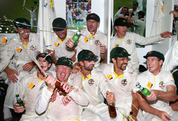 Australian team celebrates after winning the Ashes Test match