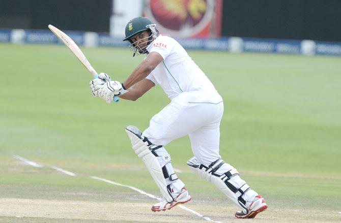 Vernon Philander of South Africa plays a shot