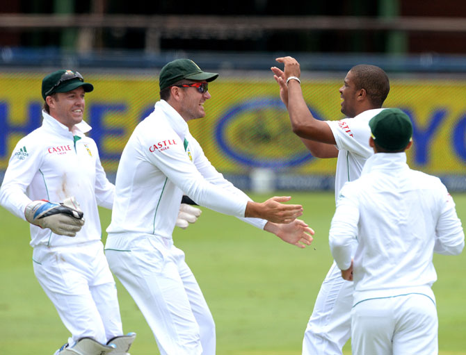 Vernon Philander of South Africa celebrates a wicket