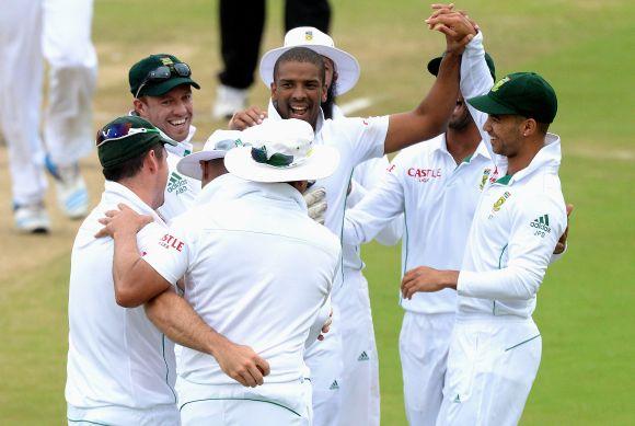 Vernon Philander celebrates after dismissing Murali Vijay