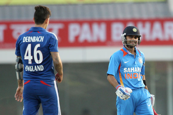 Virat Kohli of India is all smiles after top edging the ball for four from a delivery by Jade Dernbach of England