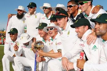 The South Africa team with the ICC Test championship mace
