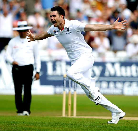 James Anderson celebrates after picking a wicket