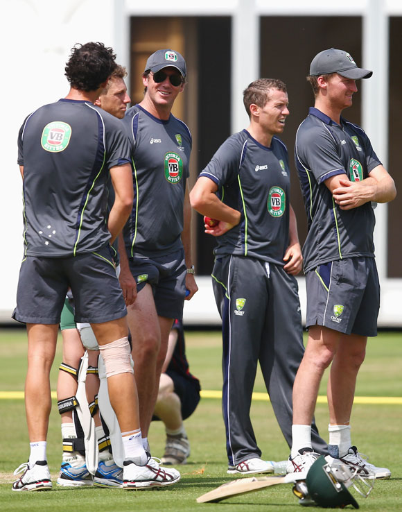 Glenn McGrath speaks to the Australian fast bowlers during an Australian nets session at Lord's cricket ground on Tuesday