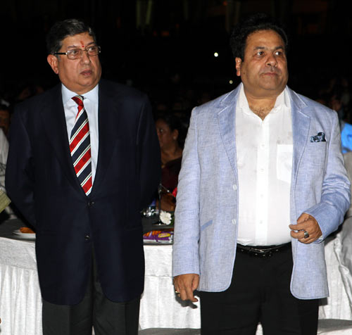 N Srinivasan, left, with Rajiv Shukla, who has resigned as IPL commissioner
