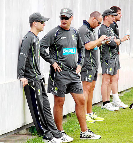 Michael Clarke and Mickey Arthur before a training session in the nets on Tuesday