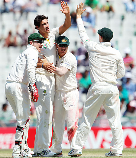 Mitchell Starc celebrates a wicket with teammates